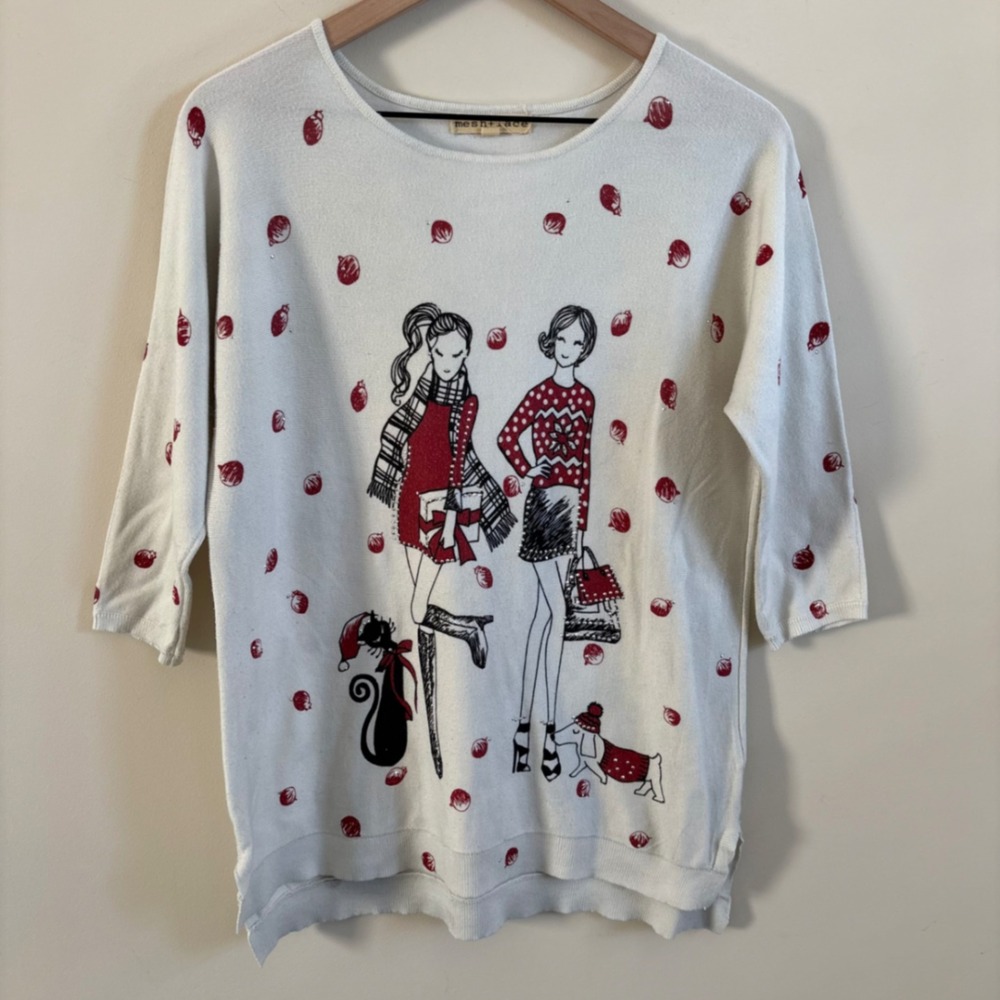 Mesh+Lace Holiday Graphic Sweater Ivory Red Rhinestone Fashion Women Cat Dog M